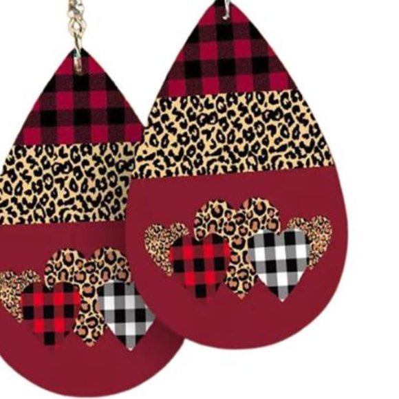 Heart Earrings Buffalo Plaid Leopard Dangle Drop Dangling Red Valentines Jewelry - Picture 3 of 3